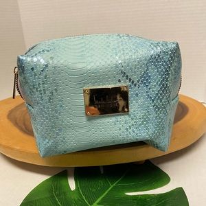 Nicole Miller Iridescent Aqua Blue Snake Skin Cosmetic Pouch